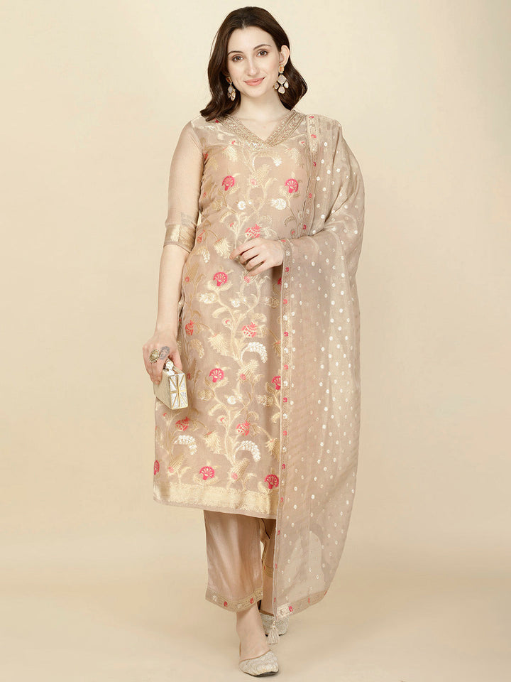 Floral Woven Tissue Kurta With Pants &amp; Dupatta