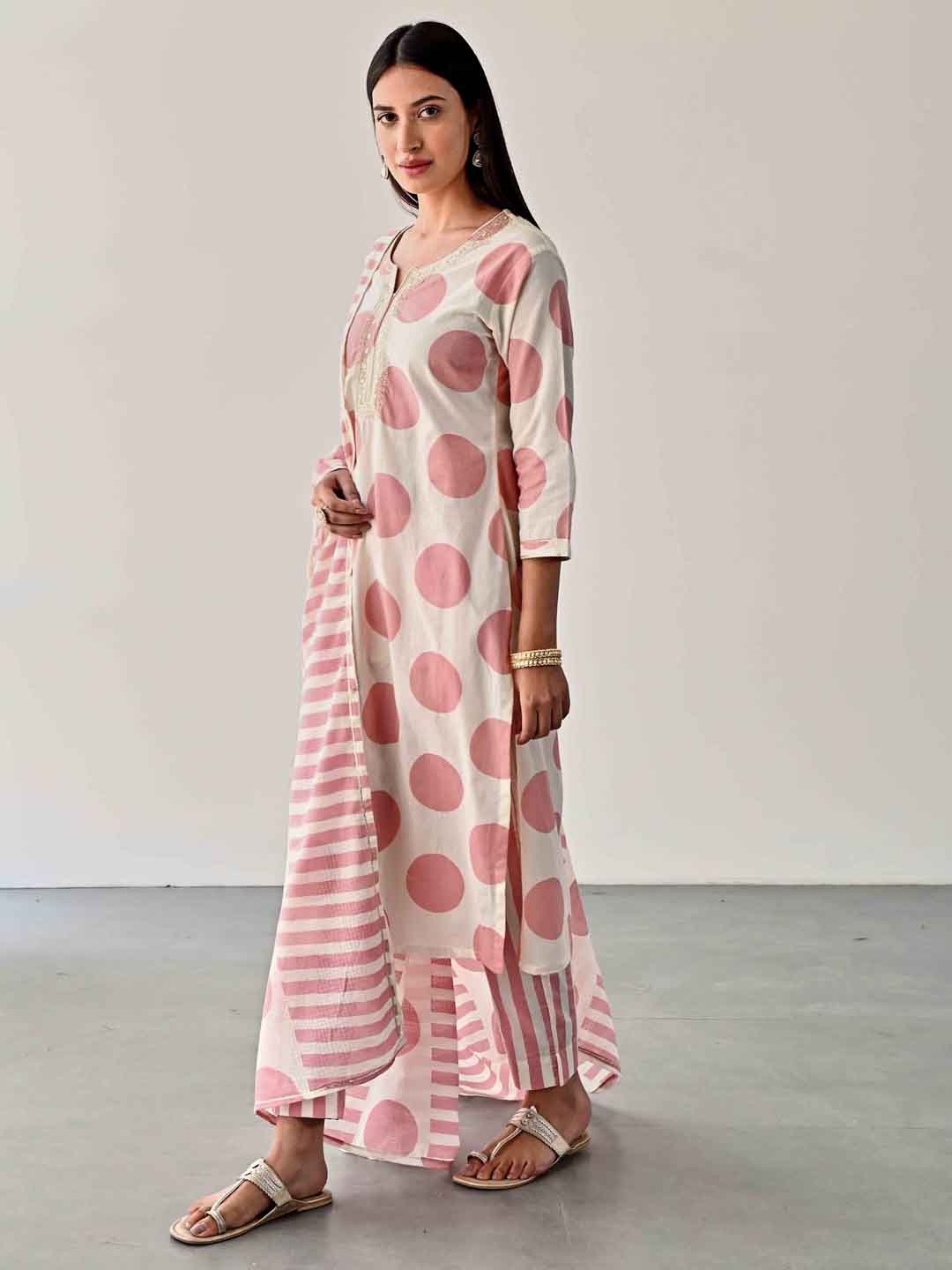Printed Cotton Kurta With Pants &amp; Dupatta