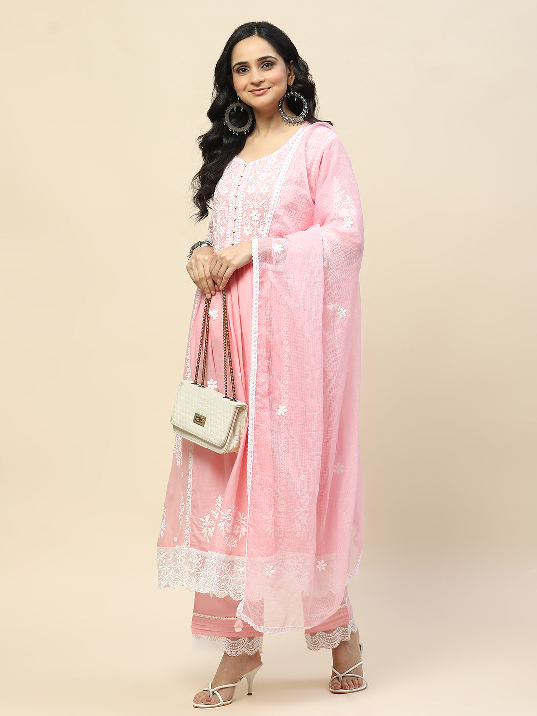 Neck Embroidery Cotton Anarkali With Pants &amp; Dupatta