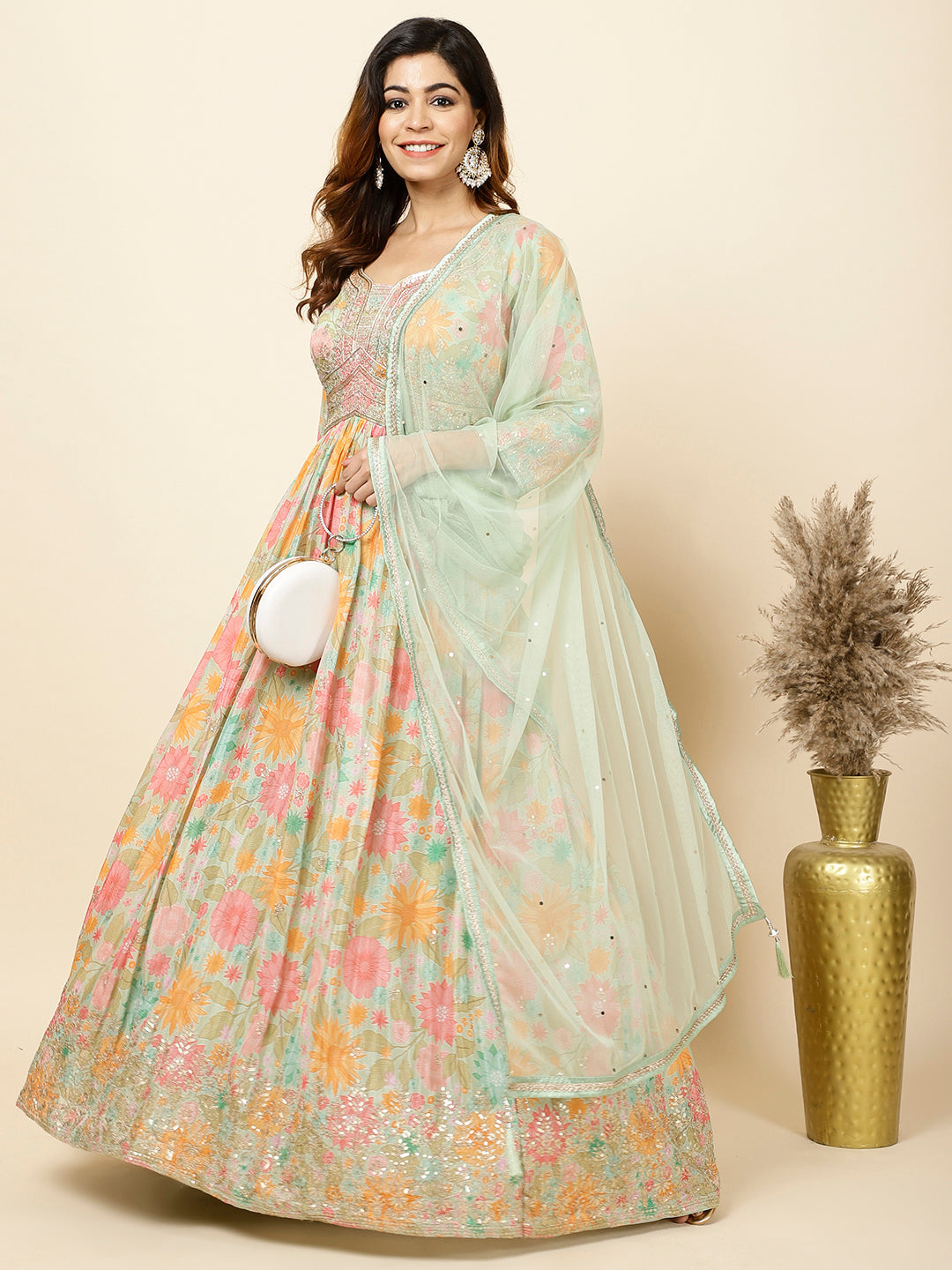 Printed Georgette Anarkali Kurta With Churidar &amp; Dupatta
