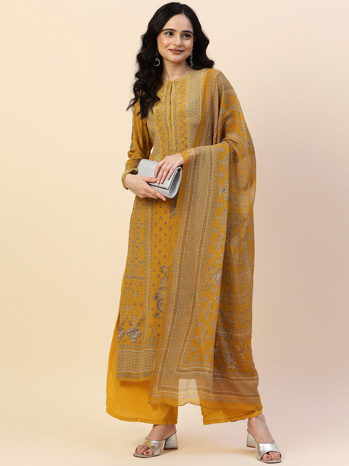 Digital Printed Crepe Kurta With Palazzo &amp; Dupatta