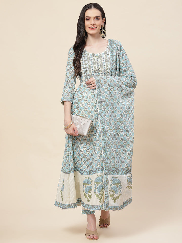 Floral Printed Cotton Kurta With Pants &amp; Dupatta