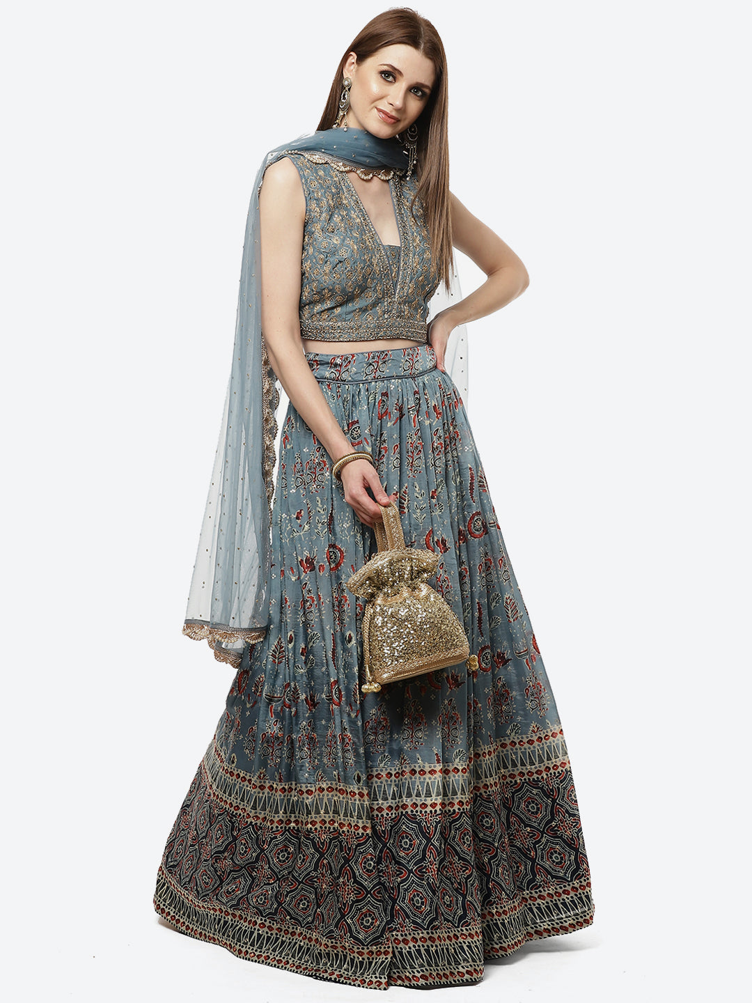 Printed Paisley Crepe Lehenga With Choli And Net Dupatta