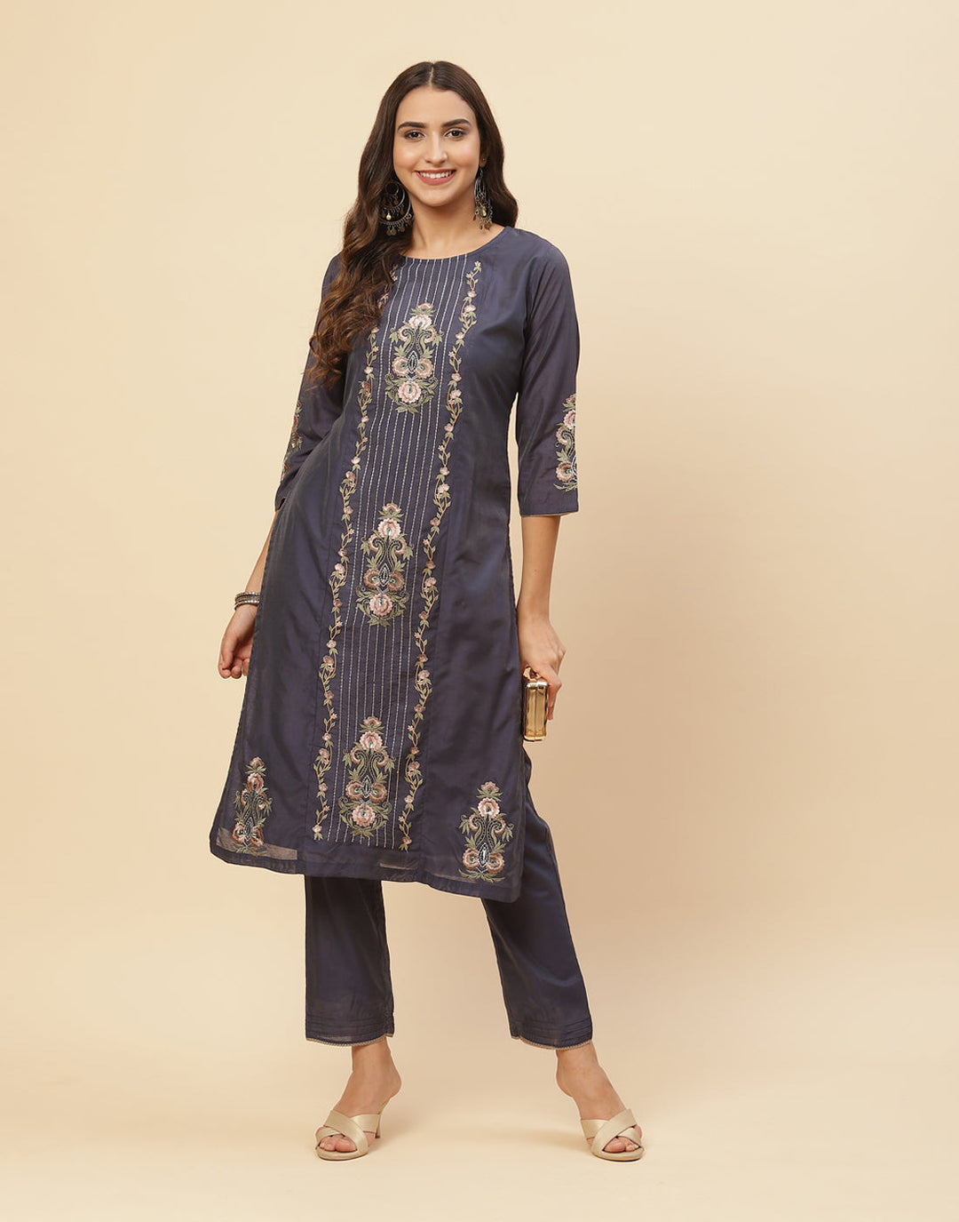 Resham Work Embroidered Chanderi Kurti With Pant