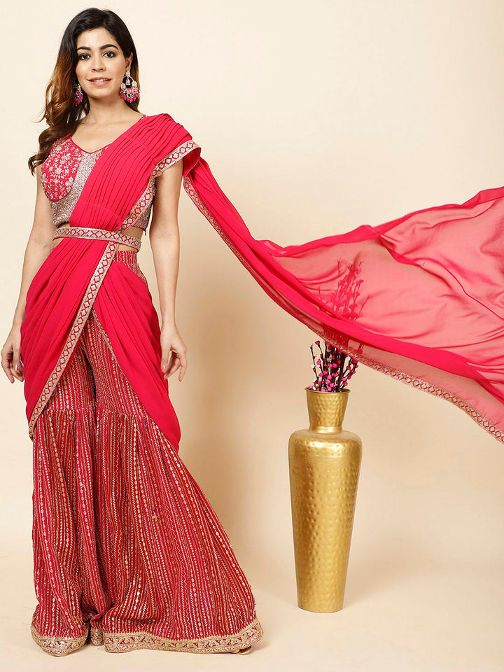 Zari Embroidered Crepe Crop Top With Dupatta &amp; Sharara
