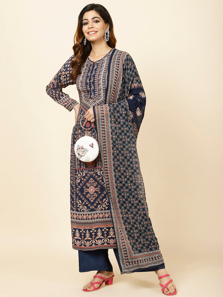 Digital Printed Crepe Kurta With Palazzo &amp; Dupatta