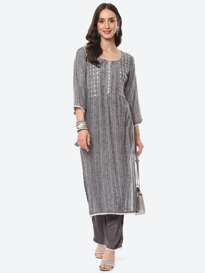 Mirror Neck Embroidered Printed Muslin Kurta With Palazzo