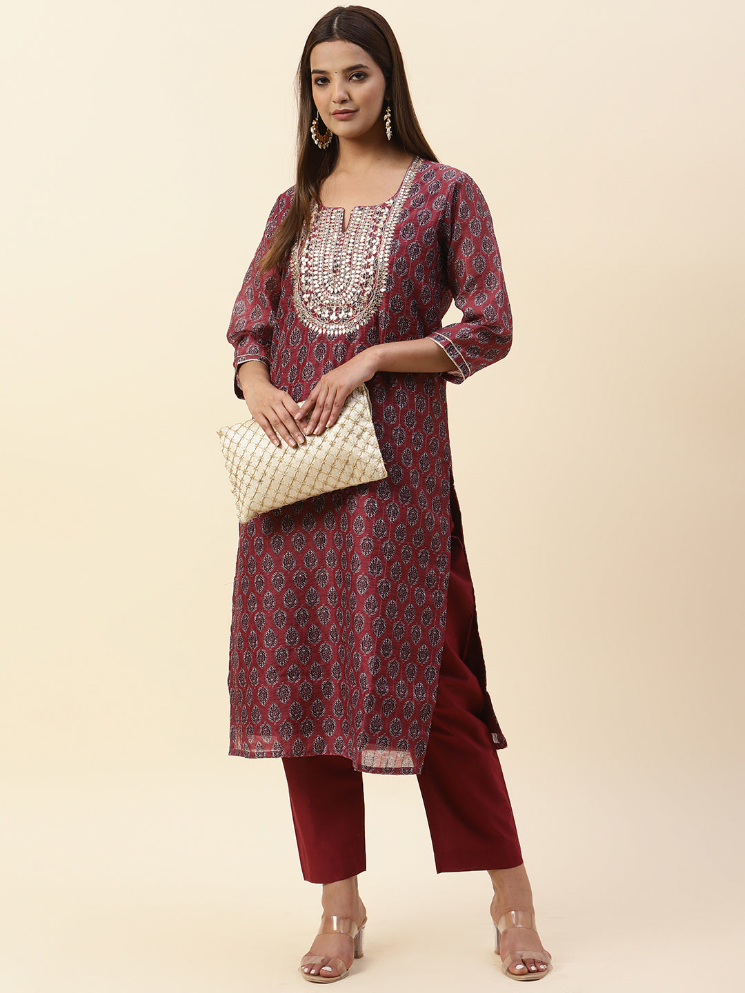 Printed &amp; Neck Embroidered Chanderi Kurta With Pants