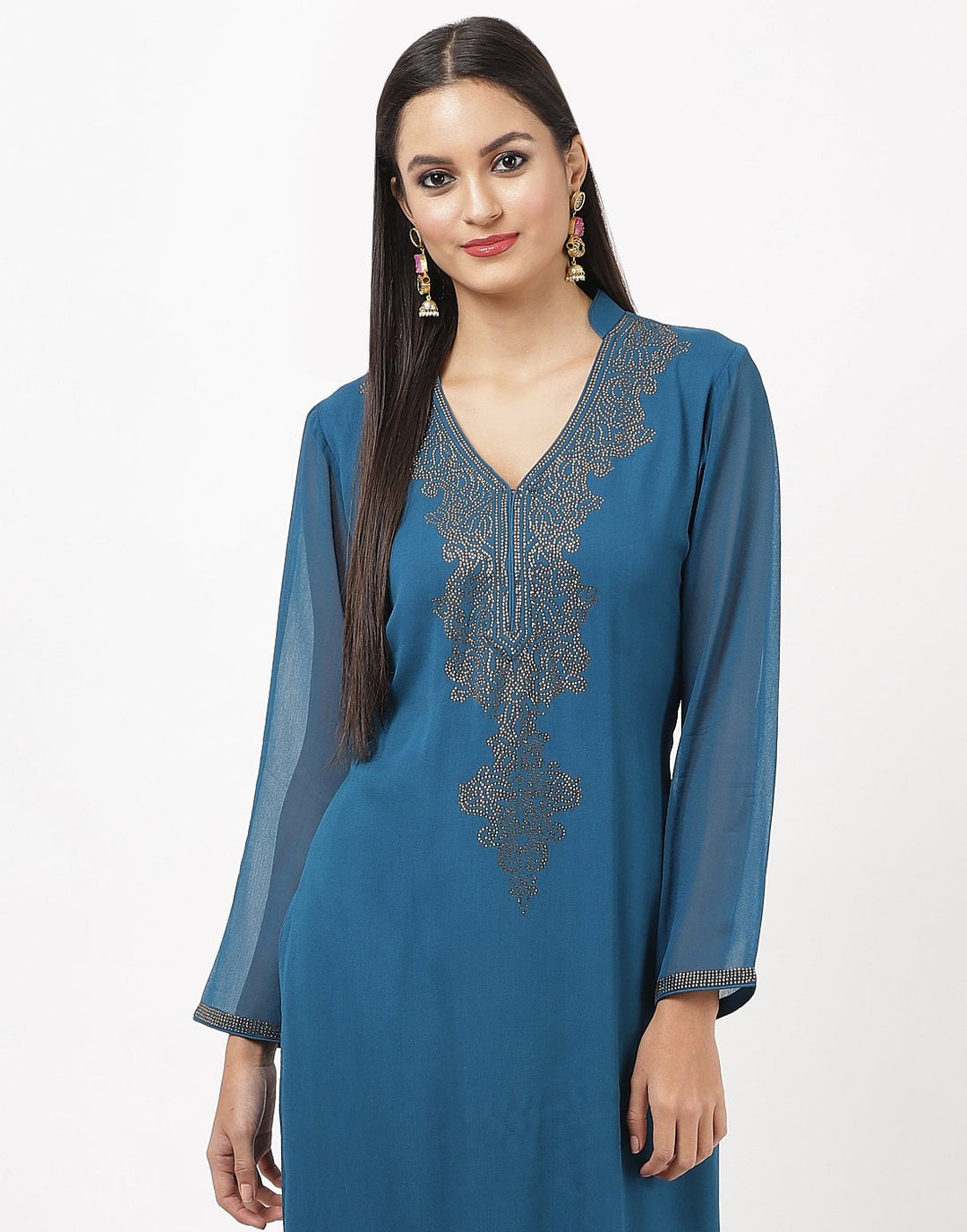 MBZ Meena Bazaar-Teal Blue Georgette Kurti with Palazzo