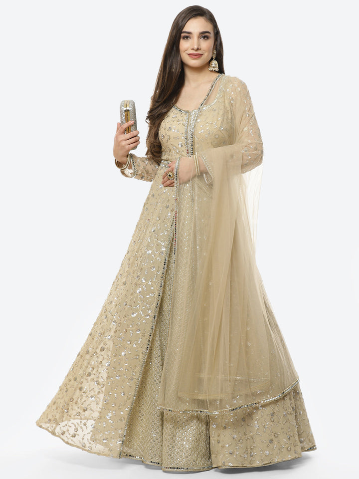 Embroidered Georgette Anarkali Kurti With Lehenga And Net Dupatta
