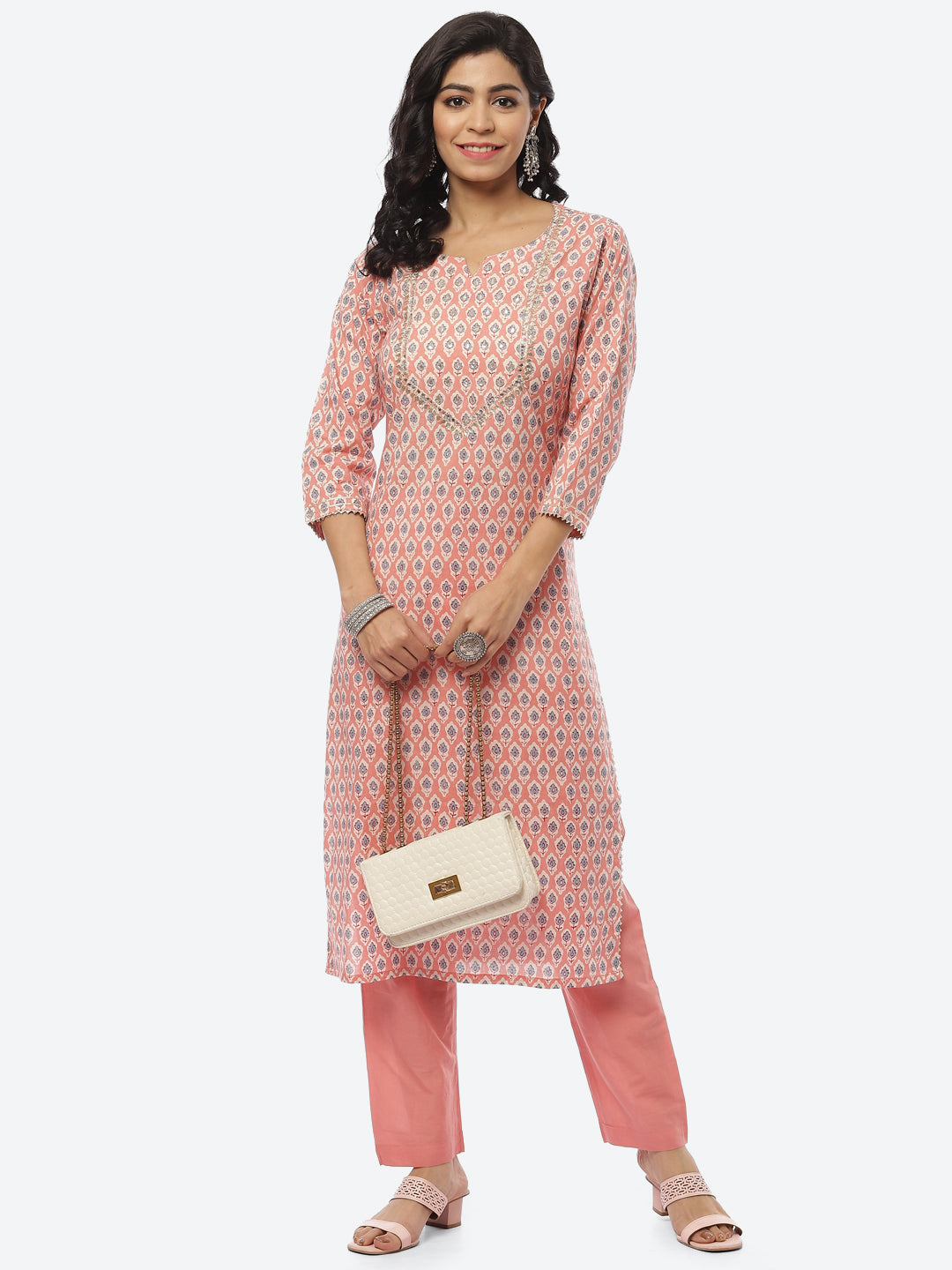 Printed Gota Neck Cotton Kurti With Pant