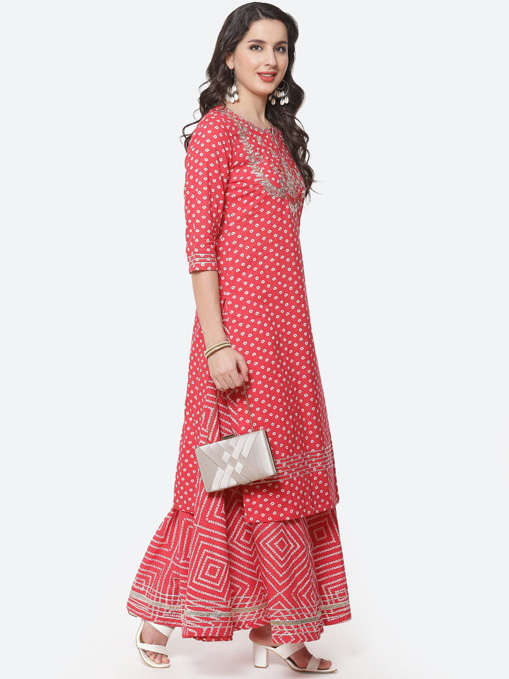 Printed Gota Work Cotton Kurti With Bandhani Printed Skirt