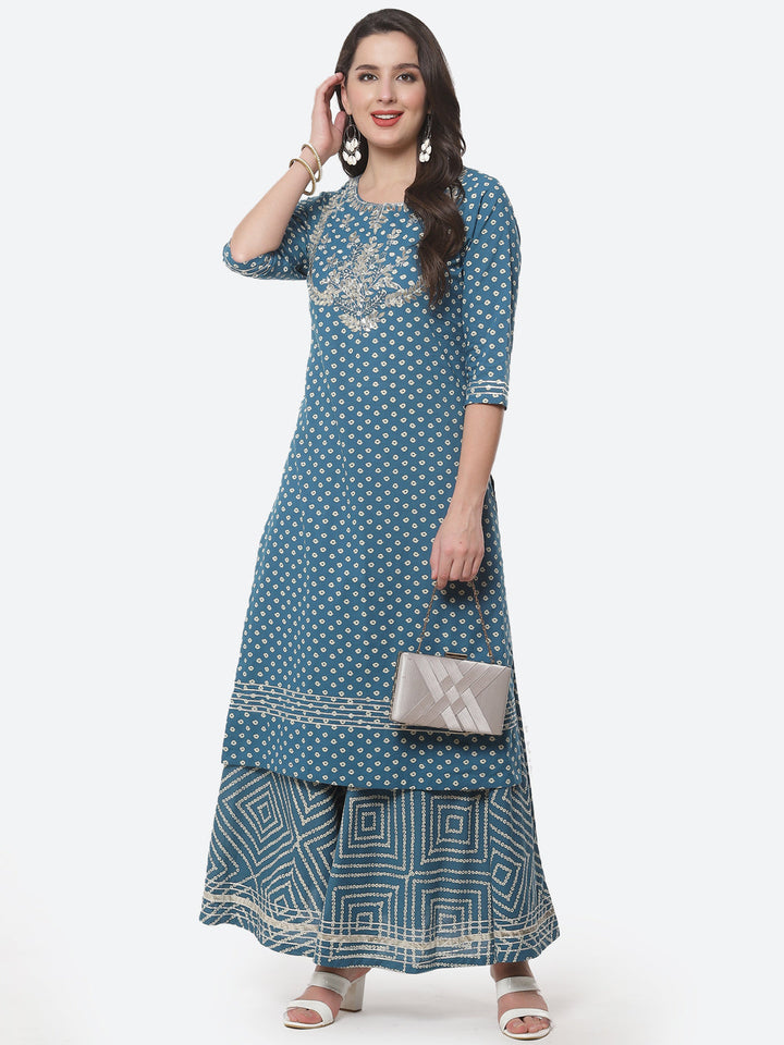 Printed Gota Work Cotton Kurti With Bandhani Printed Skirt