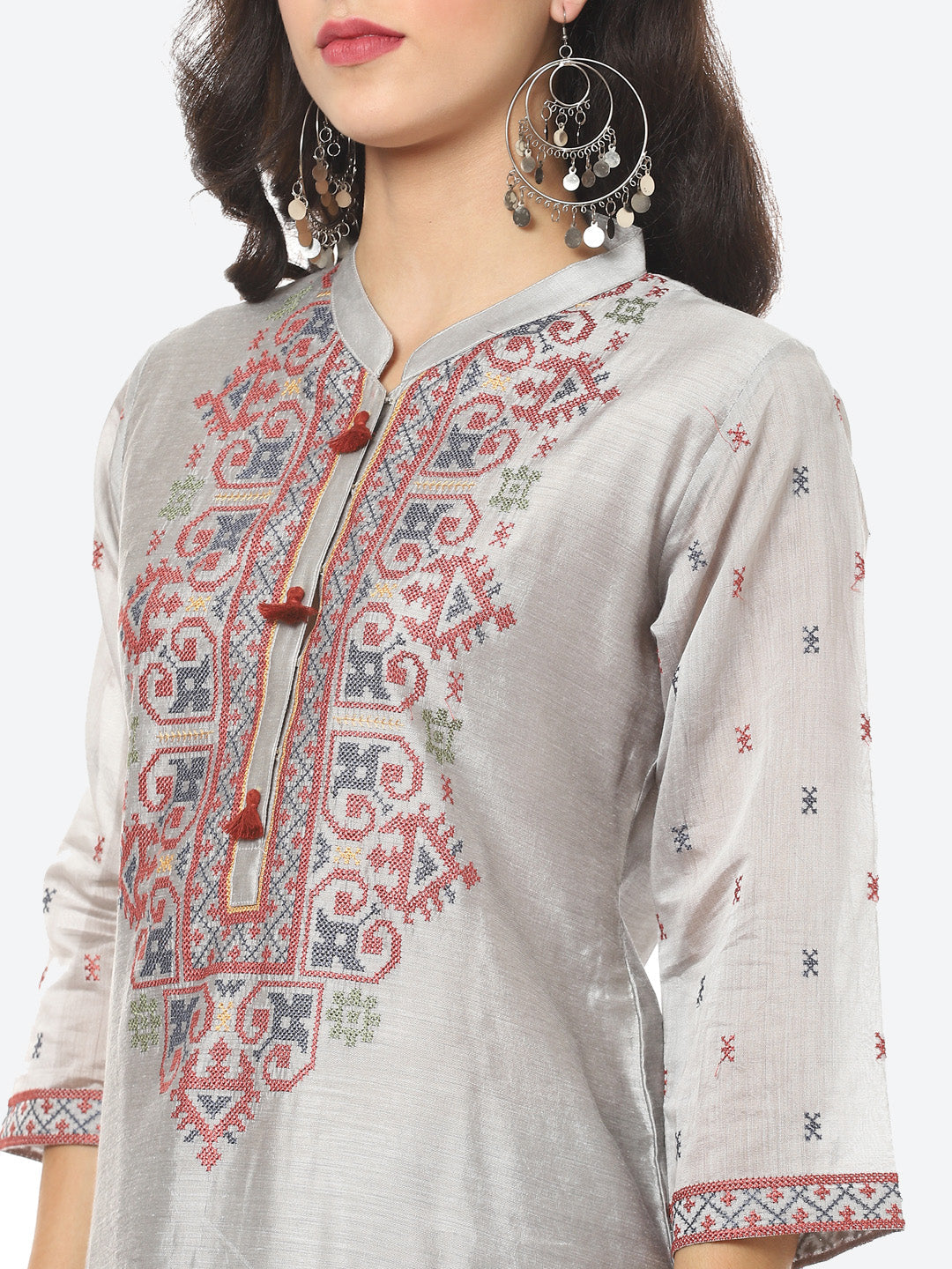 Embroidered Cotton Kurta With Pant &amp; Chanderi Dupatta