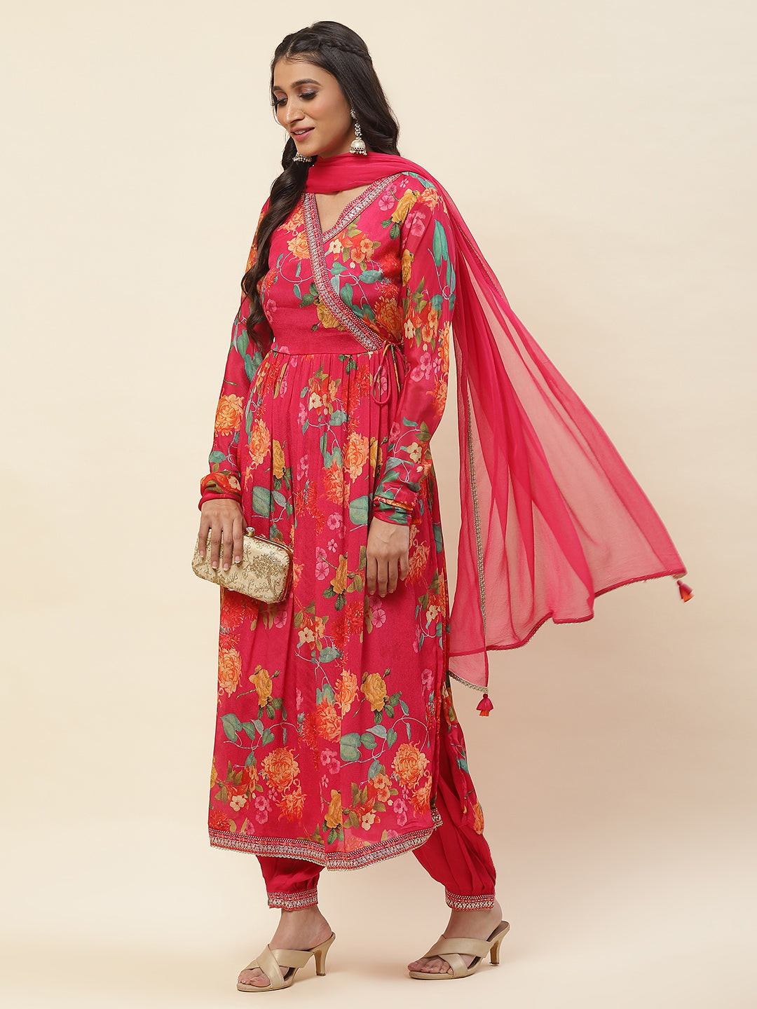 Floral Printed Chiffon Kurta With Pants &amp; Dupatta