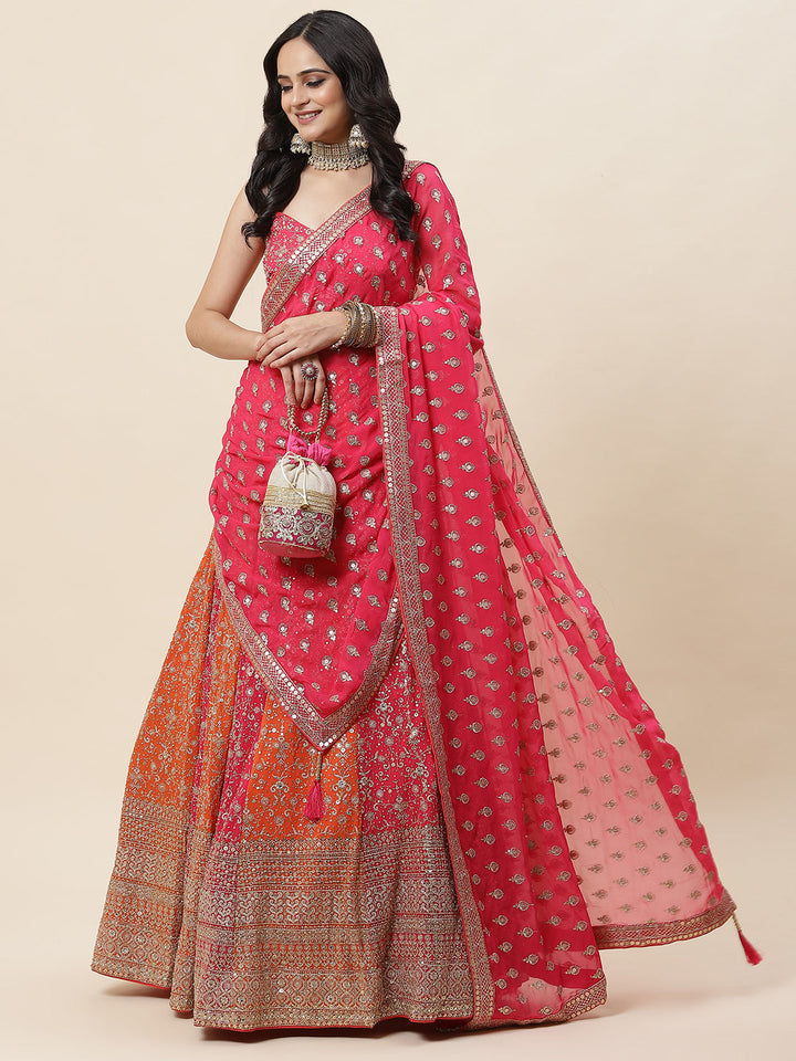 Zari Embroidered Georgette Choli With Lehenga &amp; Dupatta