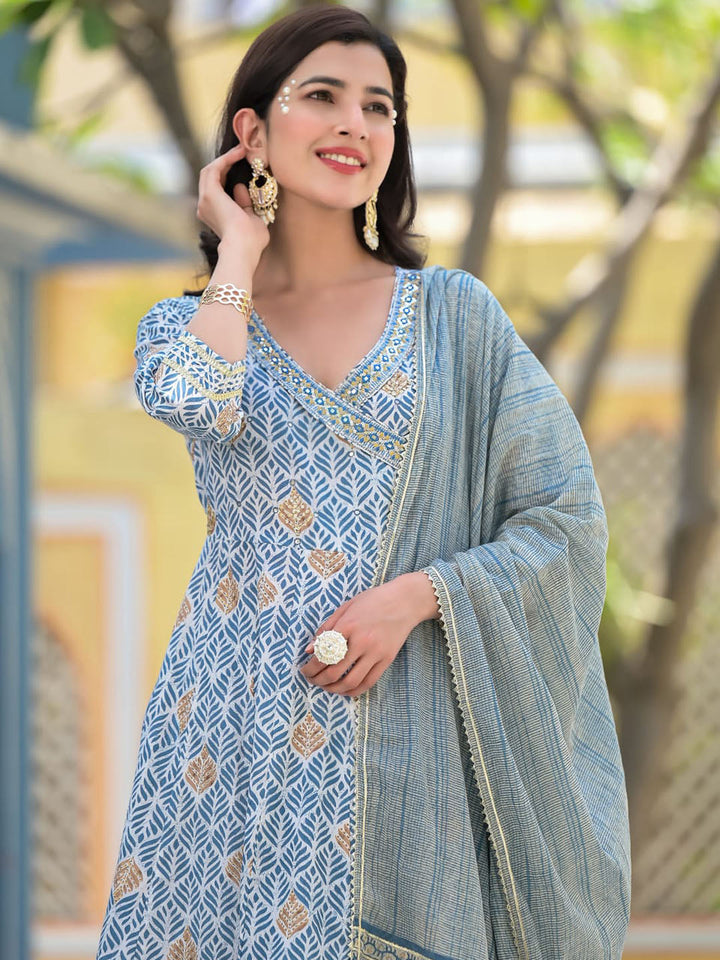 Printed Cotton Kurta With Pants &amp; Dupatta