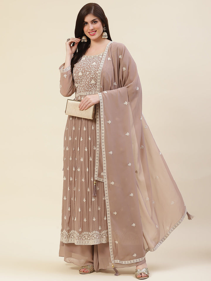 Resham Embroidered Booti Georgette Kurta With Palazzo &amp; Dupatta