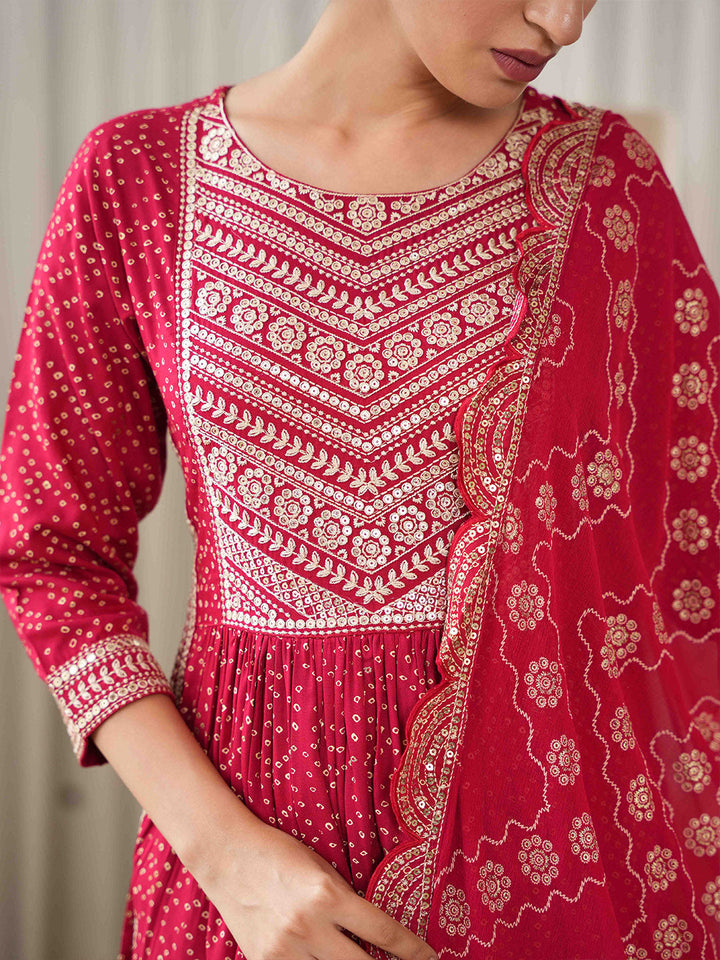 Bandhani Embroidered Rayon Kurta With Pants &amp; Dupatta