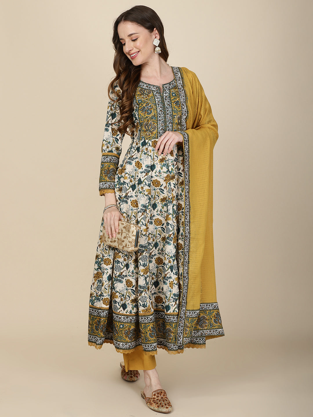 Floral Printed Cotton Kurta With Pants &amp; Dupatta