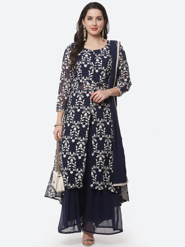 Resham Jaal Embroidered Georgette Kurta With Palazzo &amp; Dupatta