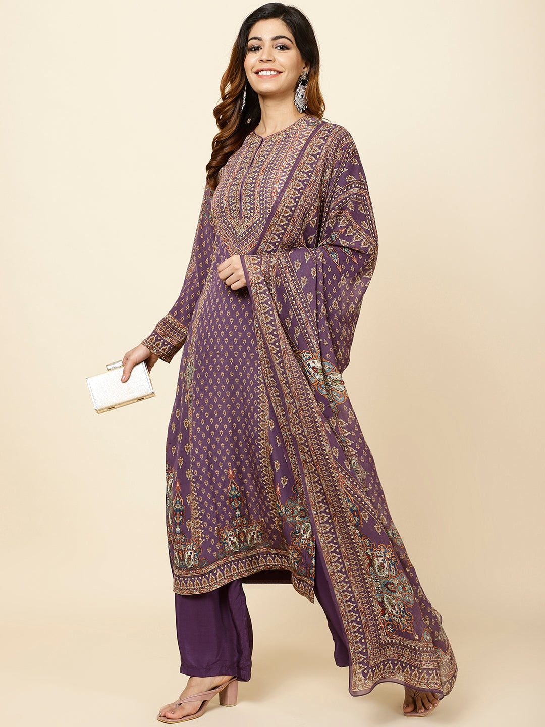 Digitally Printed Crepe Kurta With Palazzo &amp; Dupatta