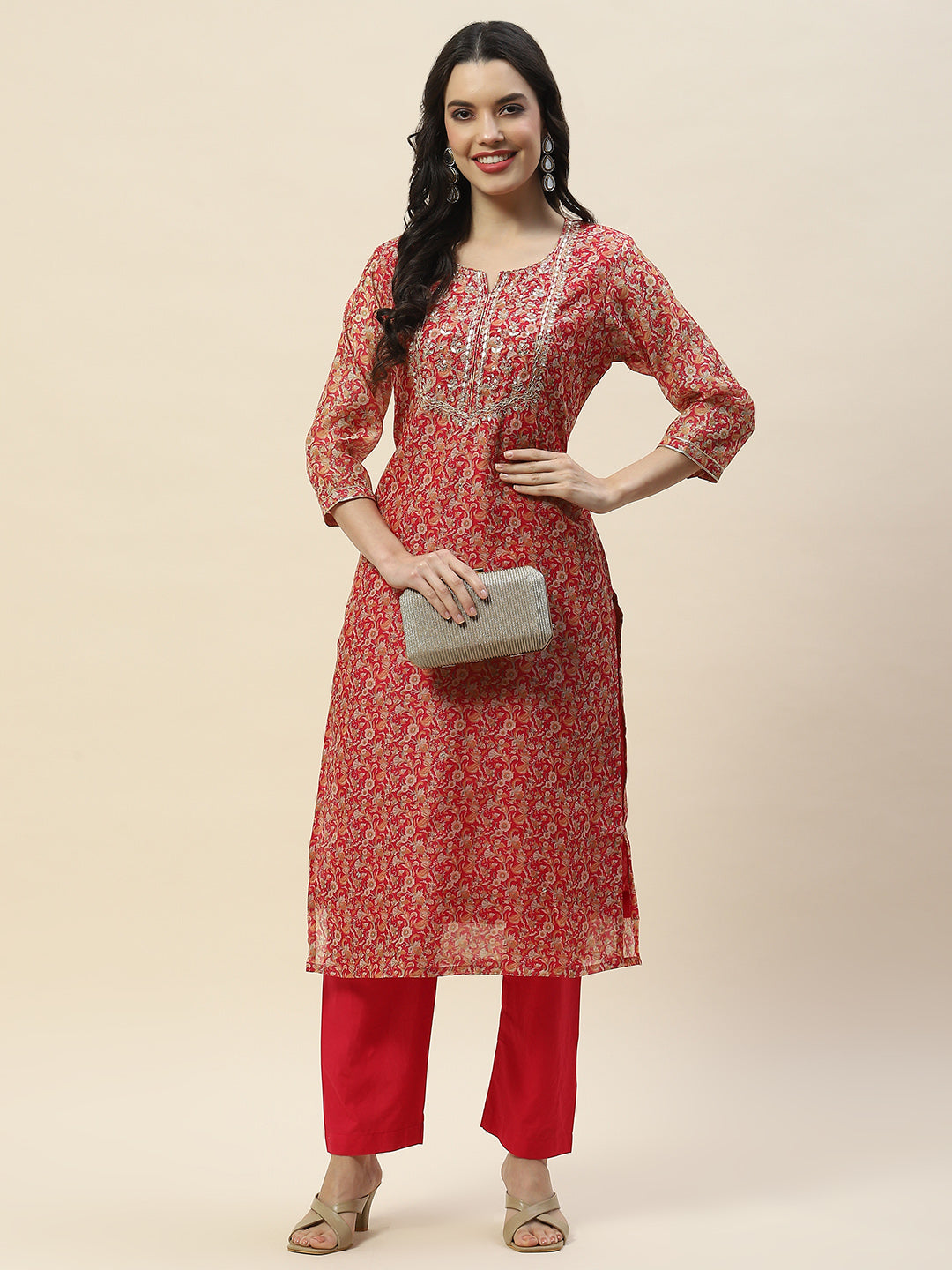 Printed Gota Work Chanderi Kurta With Pants