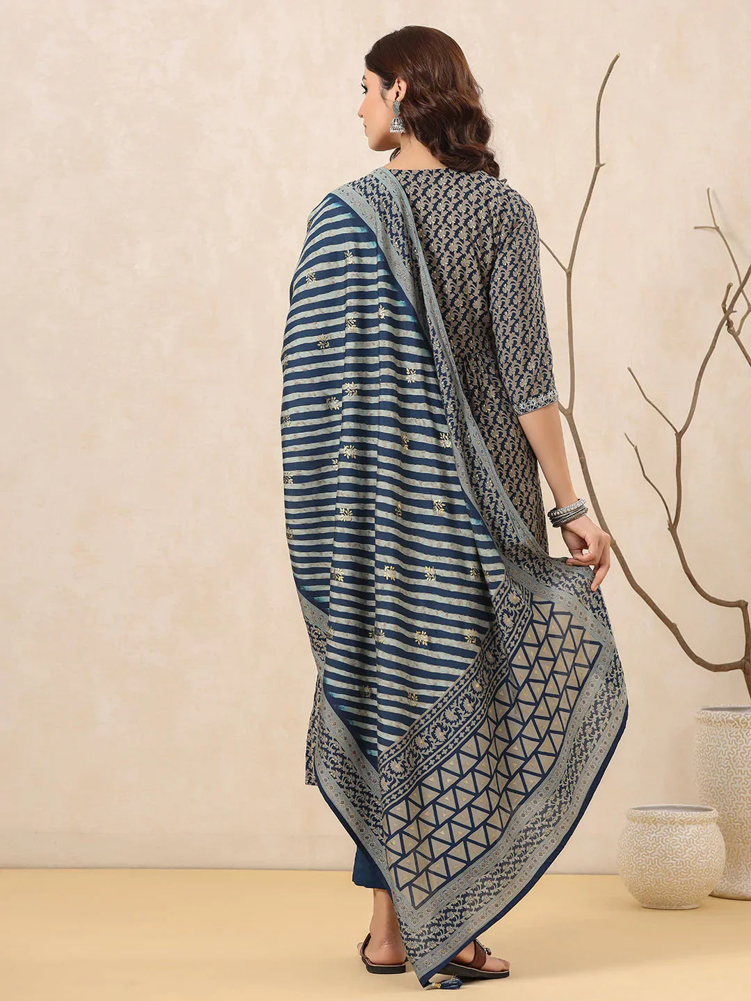 Neck Embroidered Muslin Kurta With Pants &amp; Dupatta