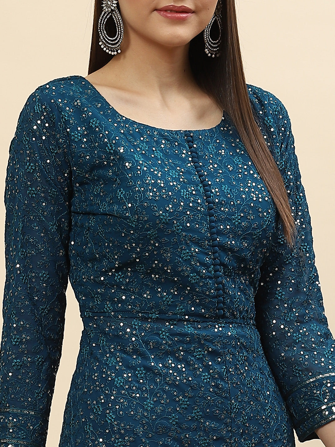 Sequin Embroidered Georgette Kurta With Palazzo &amp; Dupatta