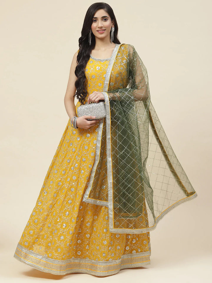 Sequin Embroidered Georgette Kurta With Dupatta