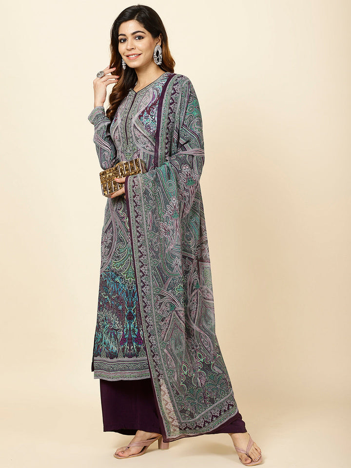 Digital Printed Crepe Kurta With Palazzo &amp; Dupatta