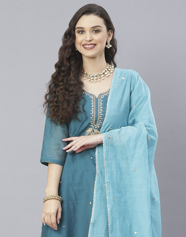 Lake Blue and Maroon Cotton Chanderi Salwar Kameez