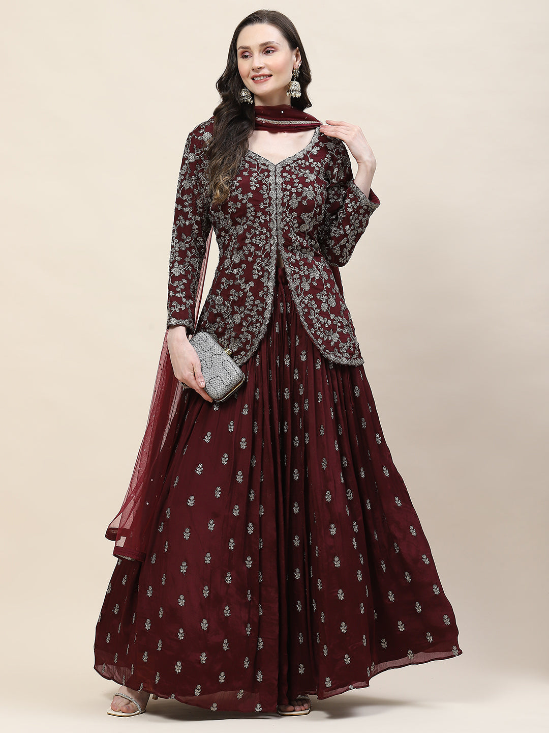 Sequin Zari Embroidered Georgette Choli With Lehenga &amp; Dupatta