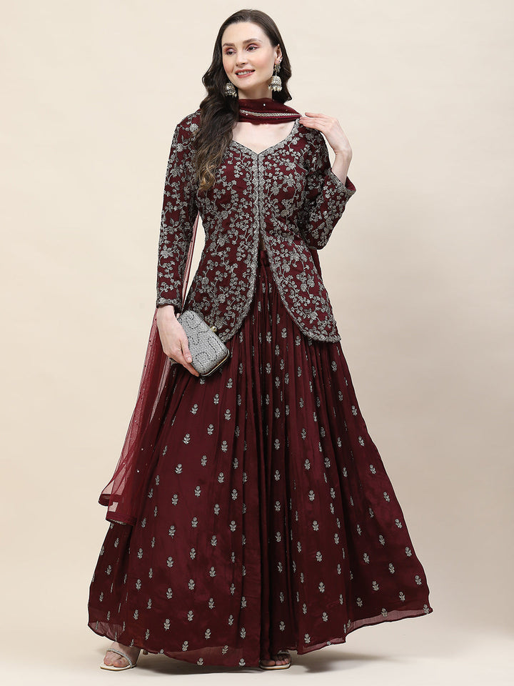 Sequin Zari Embroidered Georgette Choli With Lehenga &amp; Dupatta