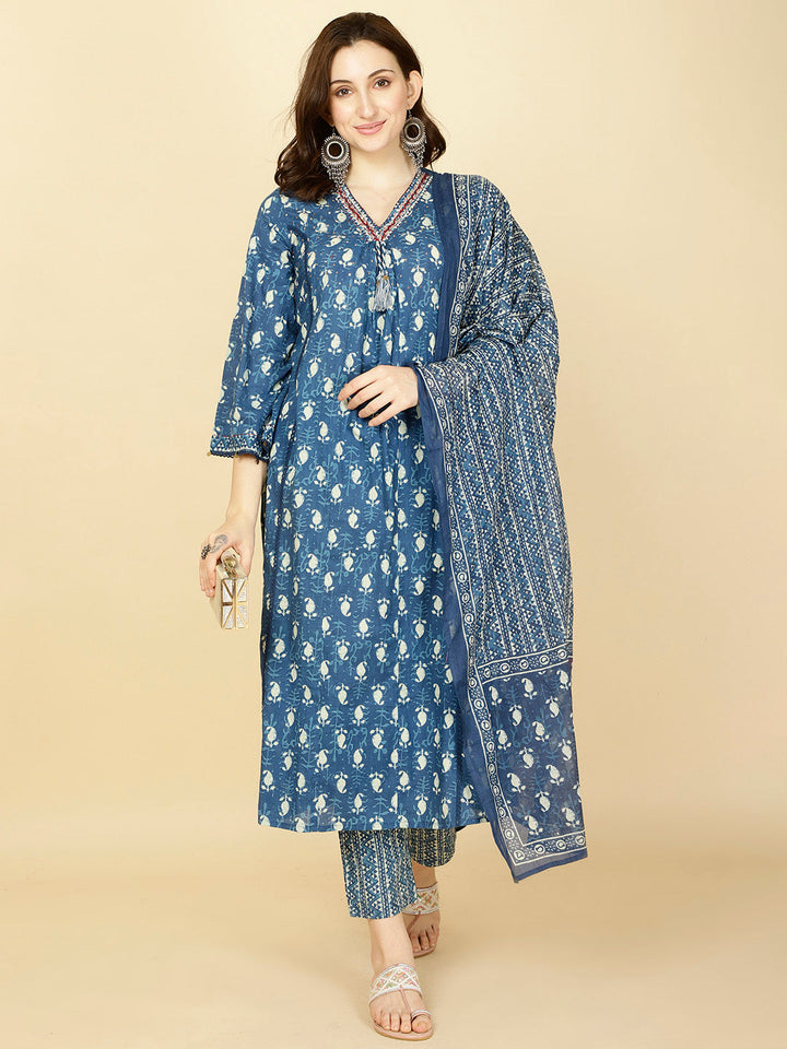 Paisley Printed Cotton Kurta With Pants &amp; Dupatta