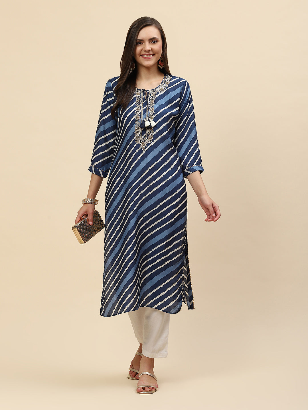Neck Embroidered &amp; Printed Muslin Kurta