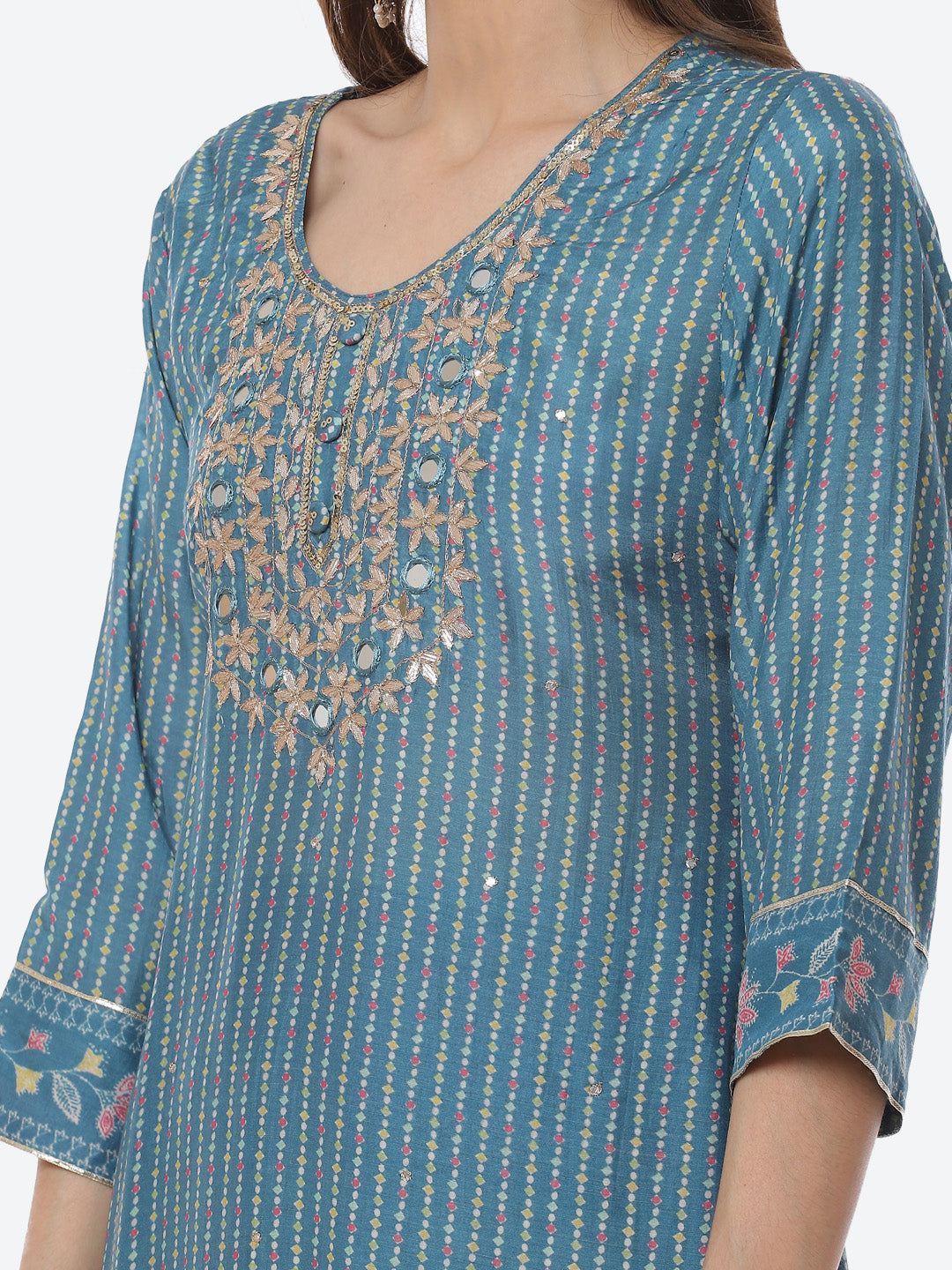 Mirror Work &amp; Printed Muslin Kurta With Pant &amp; Chiffon Dupatta
