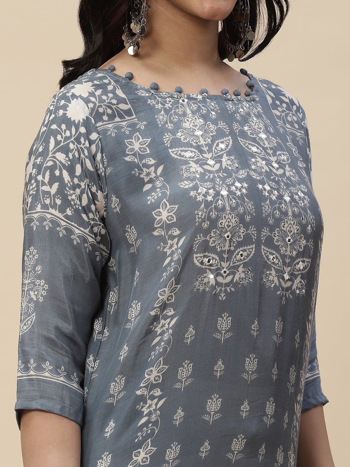 Neck Mirror Work  Printed Cotton Kurta