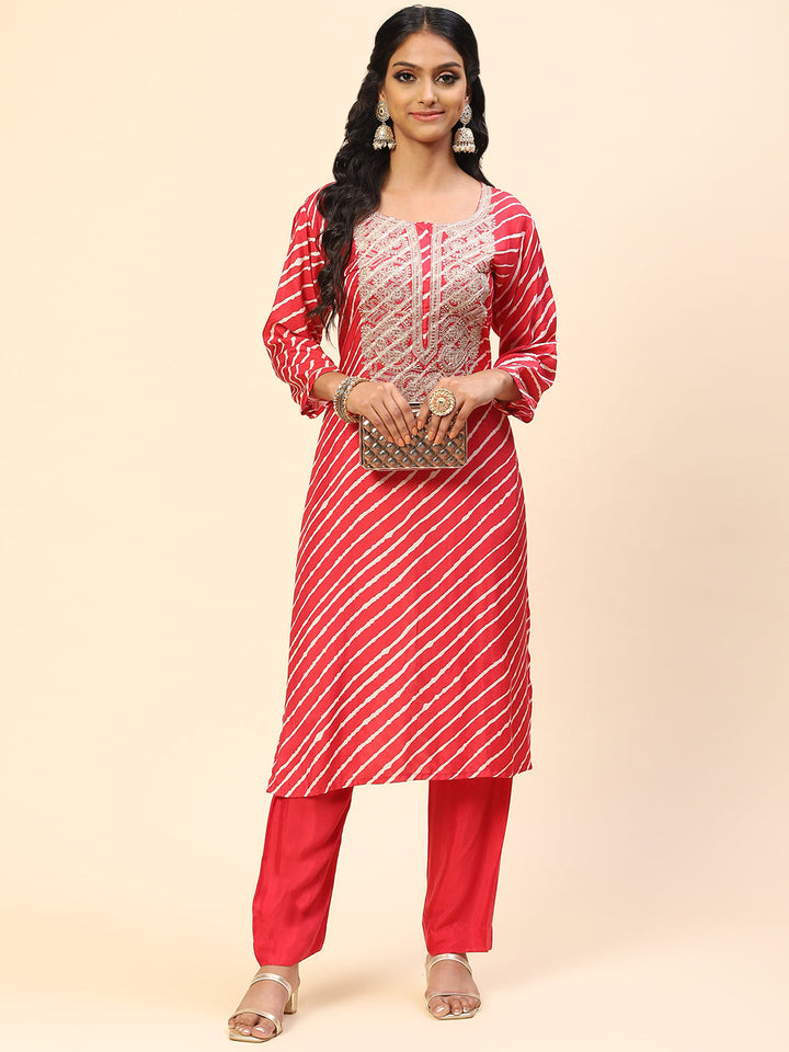 Neck Embroidered Leheriya Printed Cotton Kurta With Pants