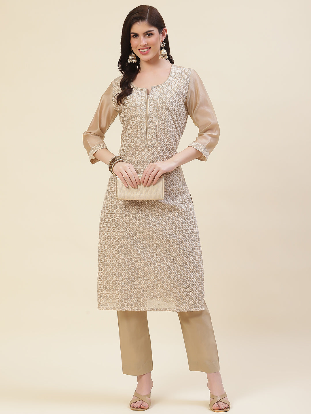 Embroidered Chanderi Cotton Kurta With Pants