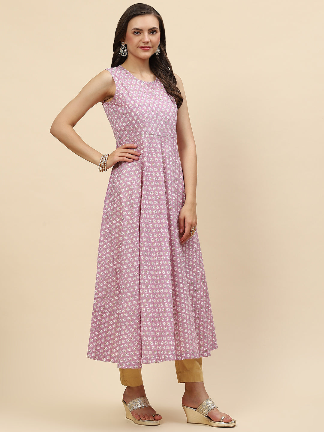 Floral Printed Cotton Anarkali Kurta With Jacket