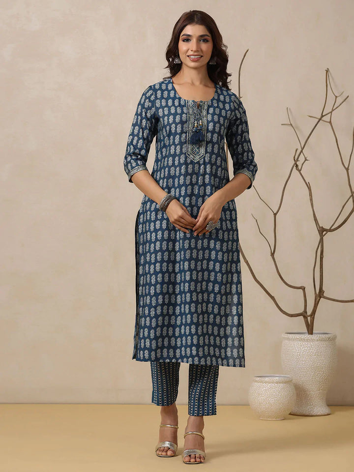 Block Printed Muslin Kurta With Pants &amp; Dupatta