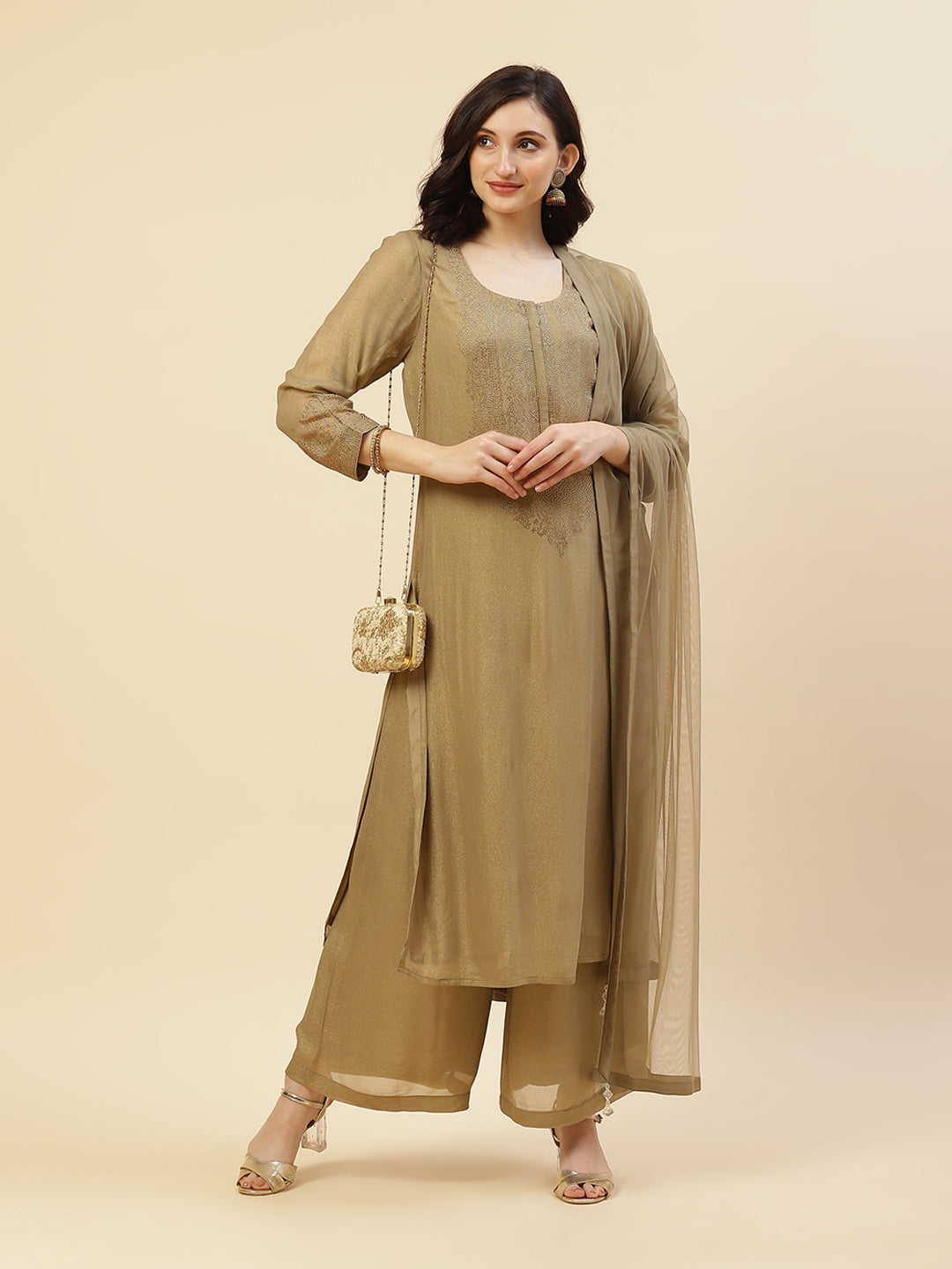 Embroidered Georgette Kurti With Palazzo And Dupatta