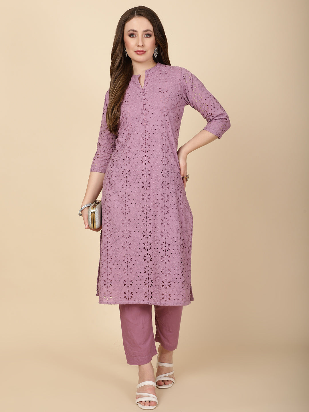 Schiffli Embroidery Cotton kurta With Pants