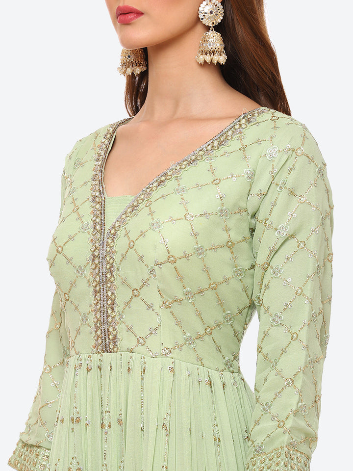 Sequin Work Georgette Anarkali Kurta With Churidar &amp; Net Dupatta
