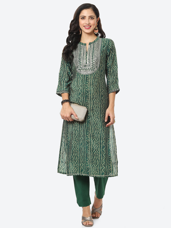 Zari Embroidered Bandhej Printed Muslin Kurti With Pant