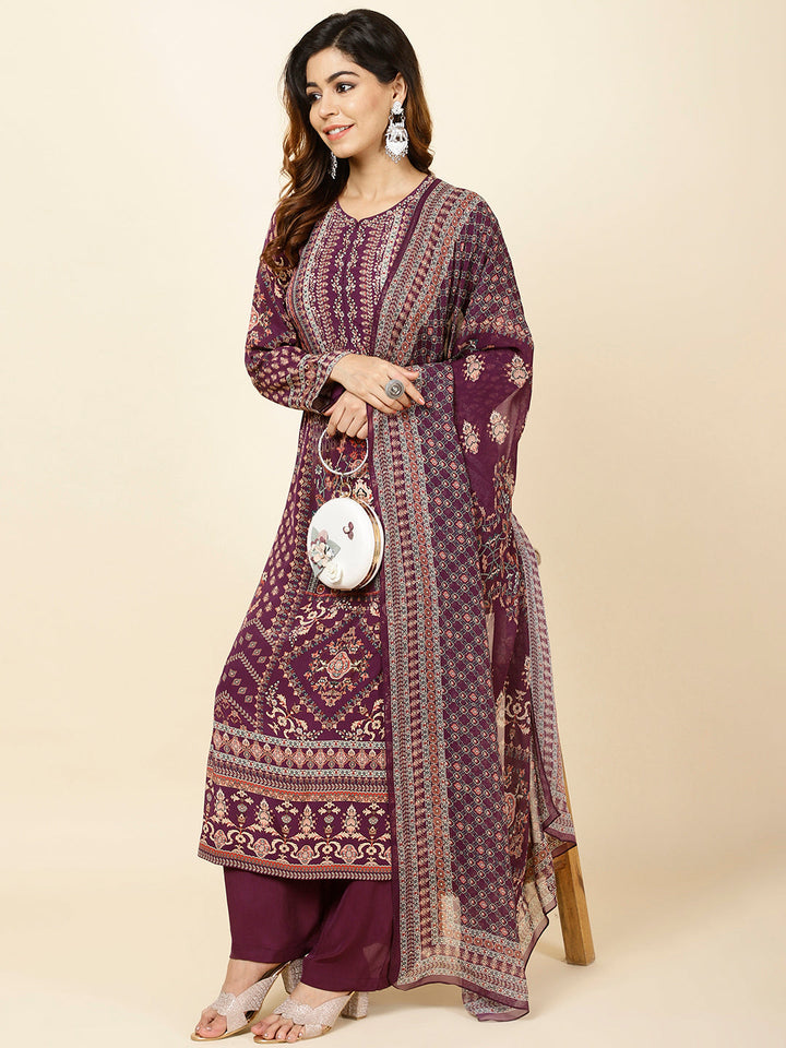 Digital Printed Crepe Kurta With Palazzo &amp; Dupatta