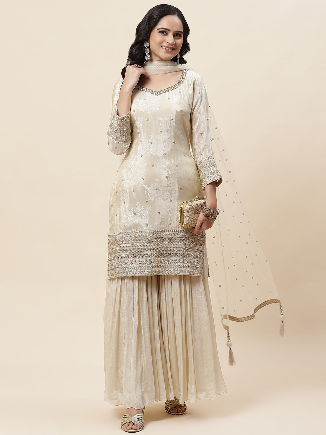 Sequin Embroidered Crepe Kurta With Garara &amp; Dupatta