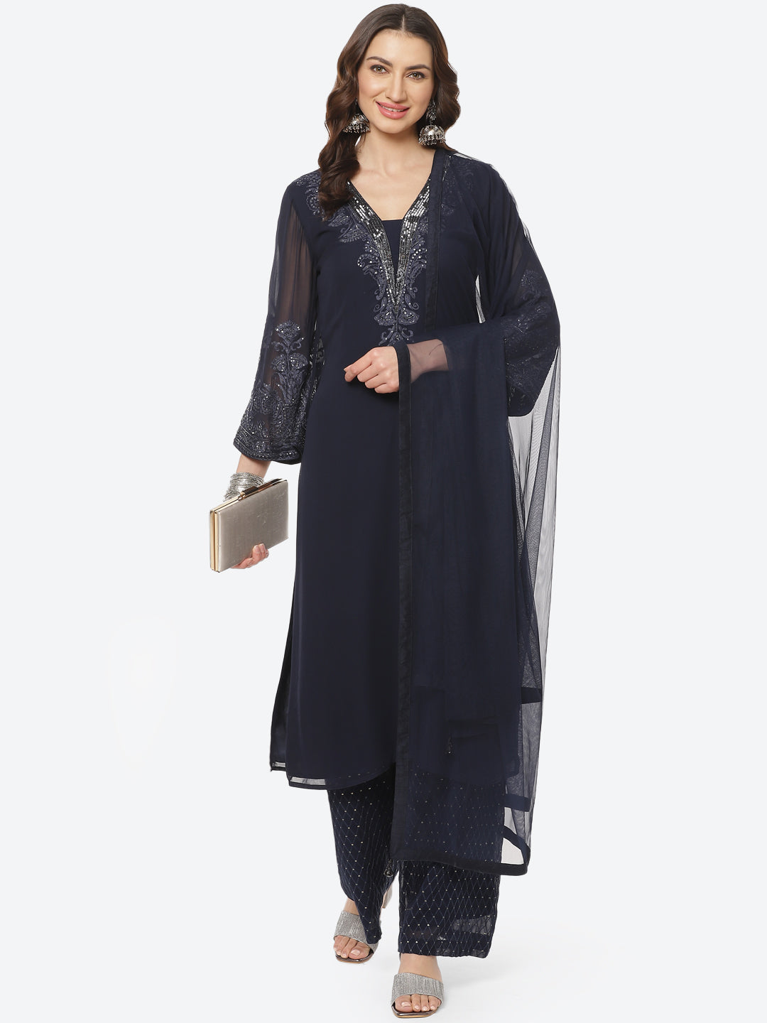 Solid Sequence Georgette Stitched Salwar Kameez With Net Dupatta