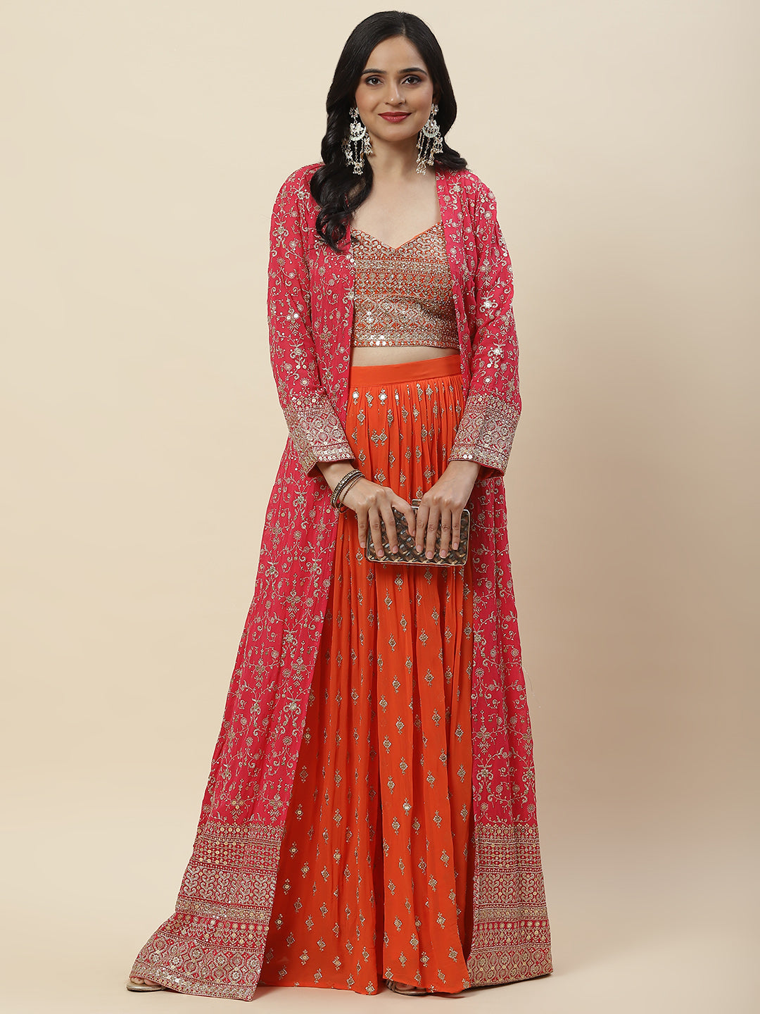Zari Sequin Embroidered Georgette Crop Top With Palazzo &amp; Jacket